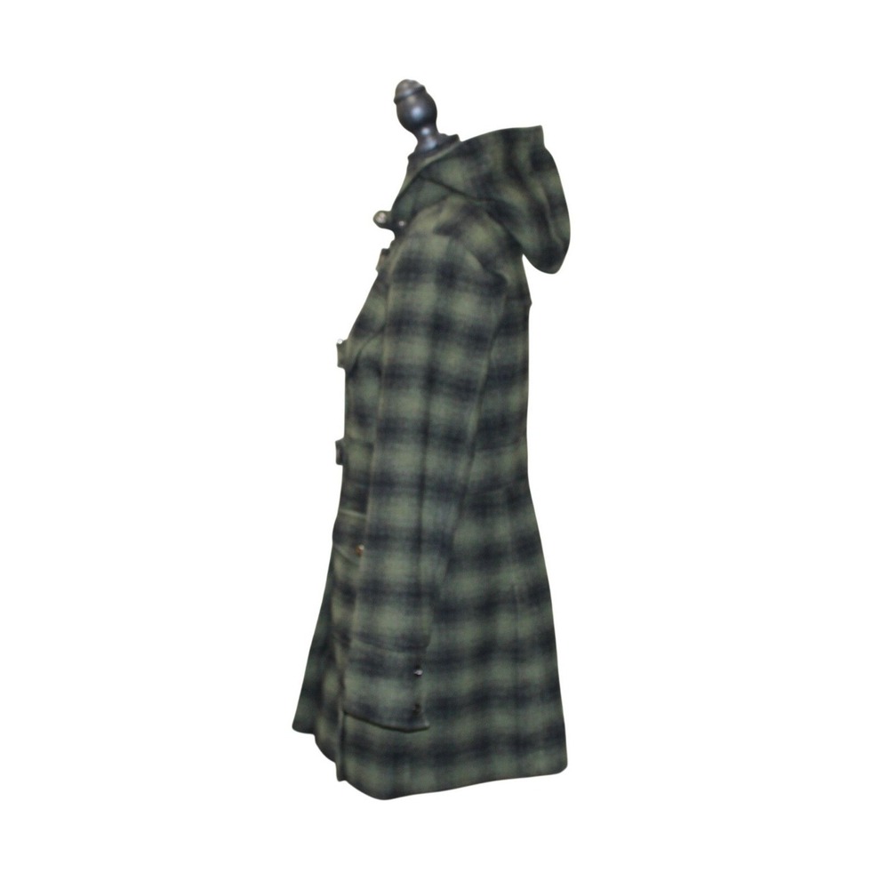 Steve Madden Toggle Coat Women Medium Green Black Plaid EUC Wool Blend Hood - Picture 3 of 7